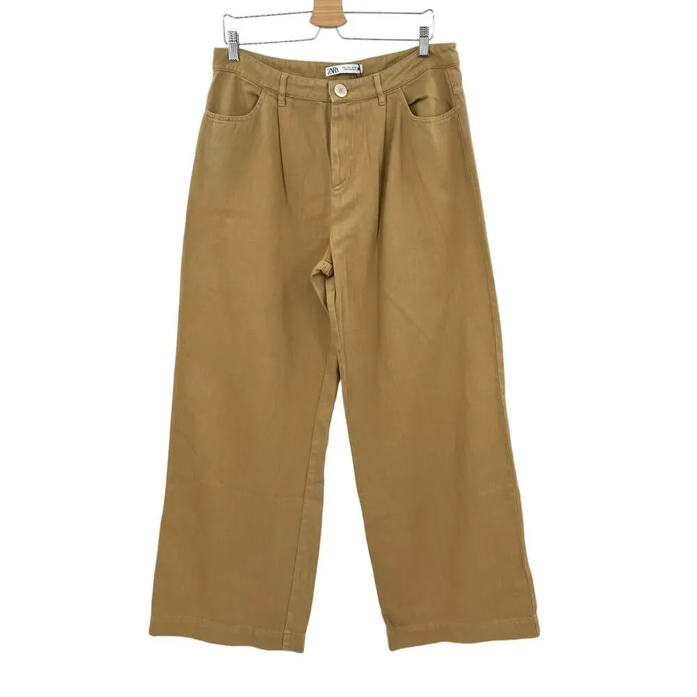 Zara Khaki Wide Leg Pants Cotton Baggy Tan Trouser‎ Size Large